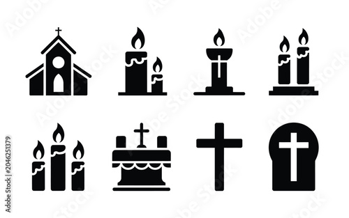 Bild auf Leinwand Religious icon set containing churches candles crosses and an altar for worship services
