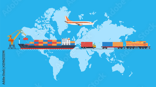 Cargo logistics transportation. Shipping, delivery car, ship, plane transport on a background map of the world. import export . Global freight transportation. Vector illustration in flat style