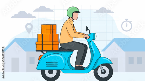 Photos Delivery driver on scooter transporting packages, illustration of fast service