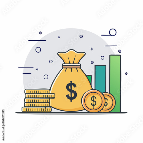 Money bag with coins and growth chart