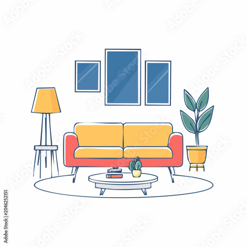 Modern living room interior with sofa, coffee table and lamp