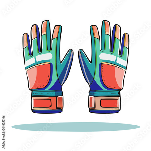 Pair of colorful goalkeeper gloves on white background