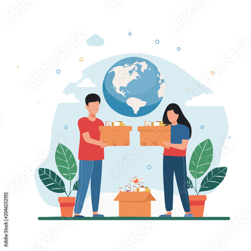 People delivering boxes around the globe with plants