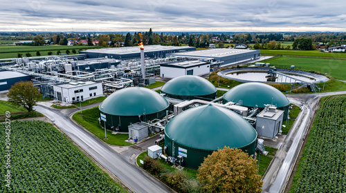 Photorealistic aerial drone view of a modern biogas installation with large green domed anaerobic digesters beside a European pig farm complex, manure management lagoon and gas fla