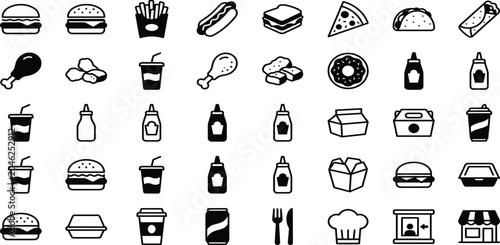 Schilderij op canvas Fast food and takeout meal hand-drawn icon set with fastfood, sandwich