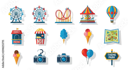 Colorful carnival funfair ride icons set.