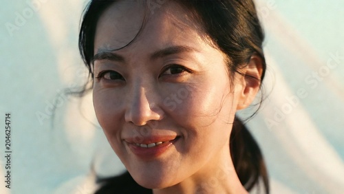 Close-up portrait of a smiling Asian woman, natural light, soft focus, serene expression, outdoor setting, gentle breeze, healthy skin, youthful beauty, lifestyle photography