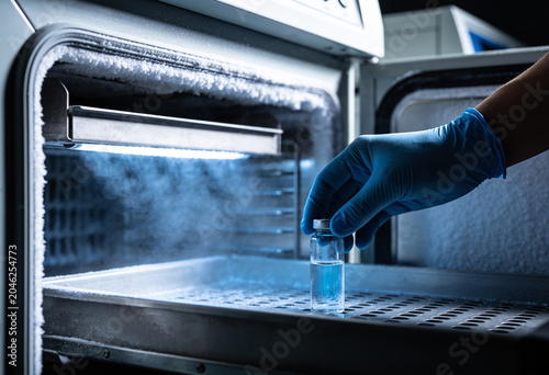 Hand in blue glove placing medical glass vial or vaccine into ultra low temperature laboratory freezer for storage, scientific research lab, pharmaceutical sample preservation, clinical.