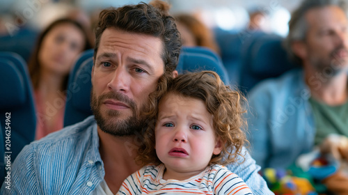 Exhausted young parents trying to calm a crying toddler in an airplane seat during a long flight, other passengers glancing back, bags and toys scattered on laps, realistic family