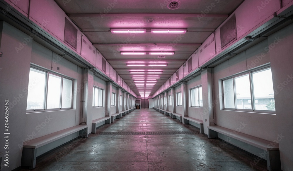 Fototapeta premium Pink neon-lit train station corridor with benches and windows, evoking a surreal, atmospheric urban scene.