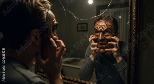 Man looks into a cracked mirror while wearing a terrifying mask and placing his hands against his own reflection.