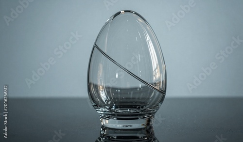 Modern glass egg-shaped vase with sleek design, minimalist setting, and reflective surface for contemporary decor.