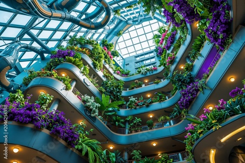 Vibrant vertical garden with cascading purple flowers and lush greenery adorning modern multi-level indoor atrium with glass ceiling and industrial pipes.