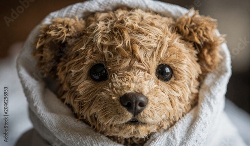 Cute wet teddy bear wrapped in a soft white towel, looking directly at the camera with large expressive eyes.