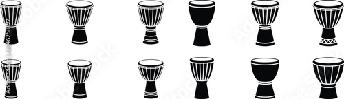Djembe drum icon collection featuring various traditional percussion instruments with detailed textures and shapes on transparent background surface.