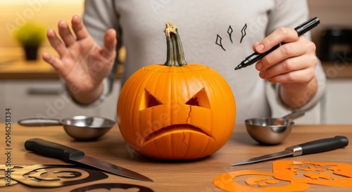 Person carves a sad face into a fresh orange pumpkin while sitting at a kitchen table.