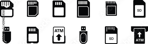 Set of various digital storage devices like SD cards USB flash drives and SIM cards icons on transparent background.