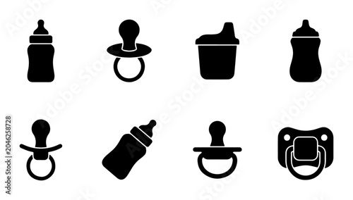 Tableau sur toile Baby Bottle and Pacifier Icons Set, Newborn Feeding Essentials Vector Graphics,