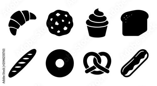 Foto Bakery Icons Set: Croissant, Cookie, Cupcake, Bread, Baguette, Donut, Pretzel, E