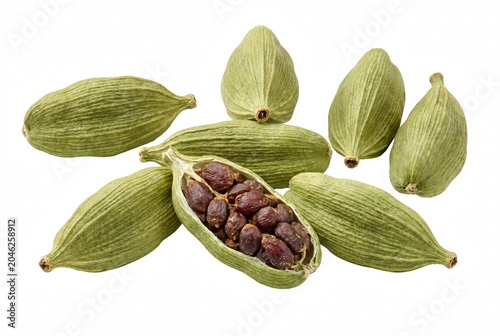 Bild auf Leinwand Green Cardamom Pods with One Open Revealing Seeds