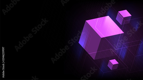 Abstract cube on dark background. 3D block artificial intelligence concept. Geometric box and grid web banner