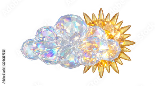 Large clear and gold precious gems in sun and cloud shapes  isolated on white transparent background