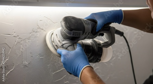 Man worker using electric sander to smooth wall surface. Professional plasterer finishes interior decoration in house. Home renovation, construction, improvement and maintenance concept.