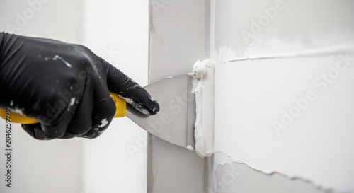 Worker applying plaster to a drywall seam with a spatula. Professional builder using putty to smooth wall joints during renovation. Home improvement and construction finishing work.
