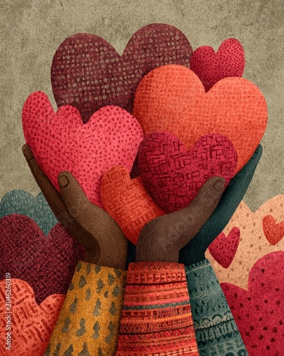Vector illustration of hands holding hearts in honor of International Human Rights Day