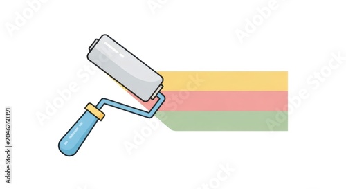 Paint roller applying multi-colored stripes. Renovation and home improvement concept. Painting wall with yellow, pink, and green colors. Vector illustration for interior design industry.
