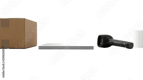 Barcode scanner and cardboard box on white background