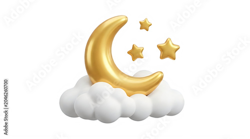 Golden crescent moon on white fluffy cloud with three stars in the night sky transparent background