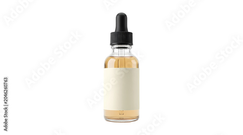 Clear glass dropper bottle with blank label isolated on white background