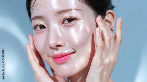 Radiant Korean Woman, Dewy Skin Glow, Hydrated Face Care, Natural Beauty, Soft Light, Gentle Touch