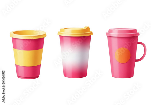 Three colorful ceramic mugs with straws in a row