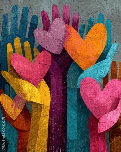 Vector illustration of hands holding hearts in honor of International Human Rights Day