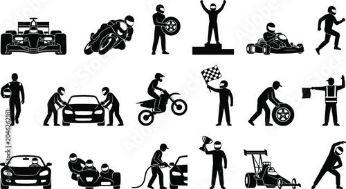 Bild auf Leinwand Motorsport Racing Silhouette Collection with Drivers Pit Crew Motorcycles Race C