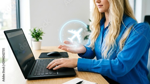 Woman in blue sweater using laptop with virtual airplane hologram, modern office setting, travel planning concept.