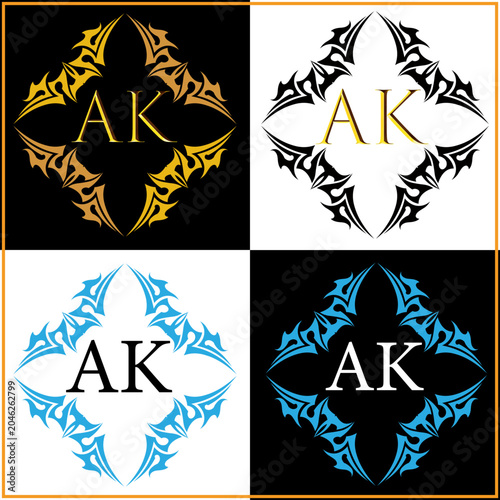 AK Monogram Logo Design Set with Ornamental Frame