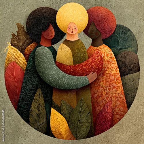 Vector illustration of six female hands supporting one another in circular formation, teamwork and diversity theme