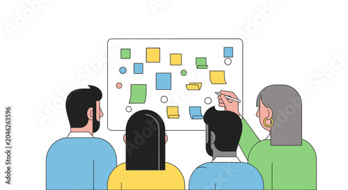 Business Team Brainstorming and Project Planning with Sticky Notes on Whiteboard Illustration