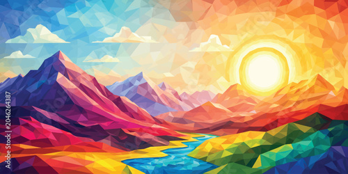 Tableau sur toile Abstract artistic mountain sunset with river flowing through valley mountain lan