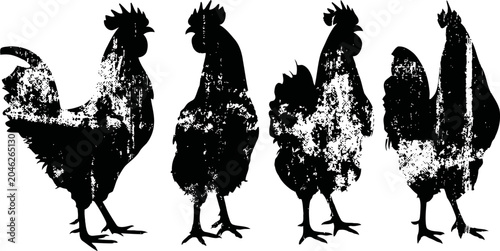 Silhouettes of five textured rooster illustrations in black with varied postures and rough artistic