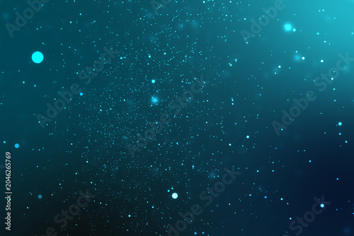 Fotografía Glowing cyan bokeh particles in dark blue abstract deep space background