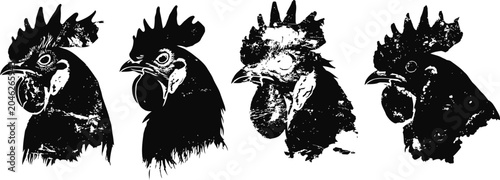 black silhouette rooster heads in various poses farm bird illustrations vector set