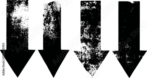 four black arrows pointing downwards with grunge texture and distressed on white background