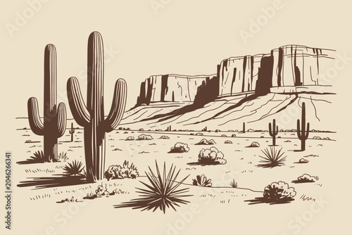 Canvas Print Desert landscape with saguaro cacti and rocky mesas outline sketch vector illust