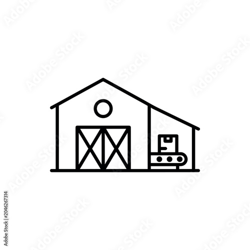 Warehouse building with conveyor belt and box icon, industrial logistics and storage facility vector sign