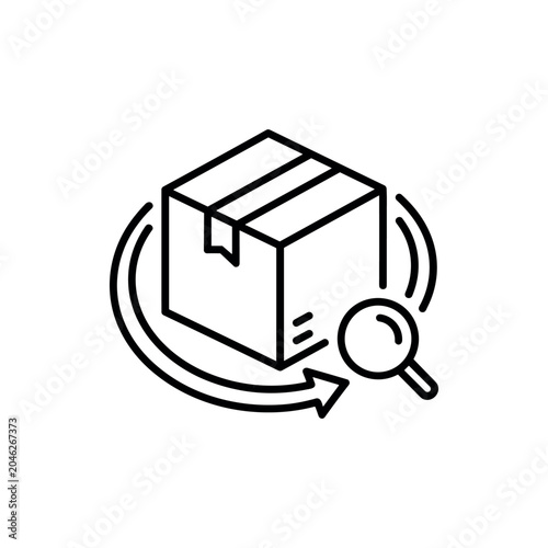 Package tracking icon with magnifying glass and arrow, logistics delivery status search vector illustration