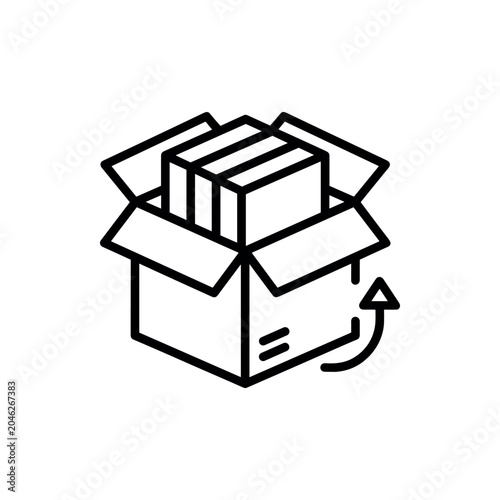 Open cardboard box icon with goods inside and a return arrow symbol for logistics and e-commerce delivery services